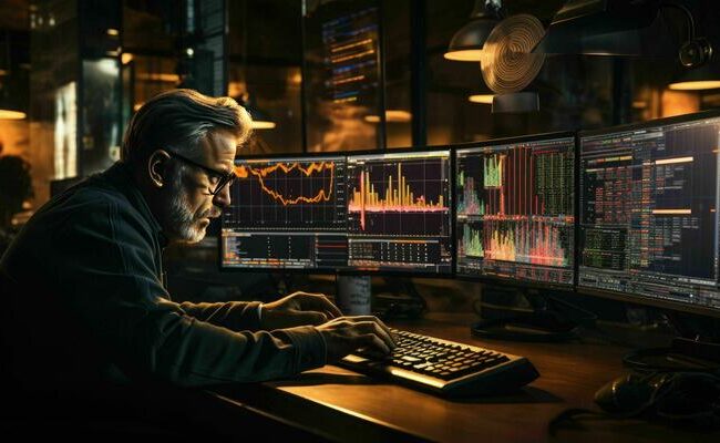 ai-generated-finance-trade-manager-analysing-stock-market-indicators-for-best-investment-strategy-financial-data-and-charts-with-business-buildings-in-background-photo