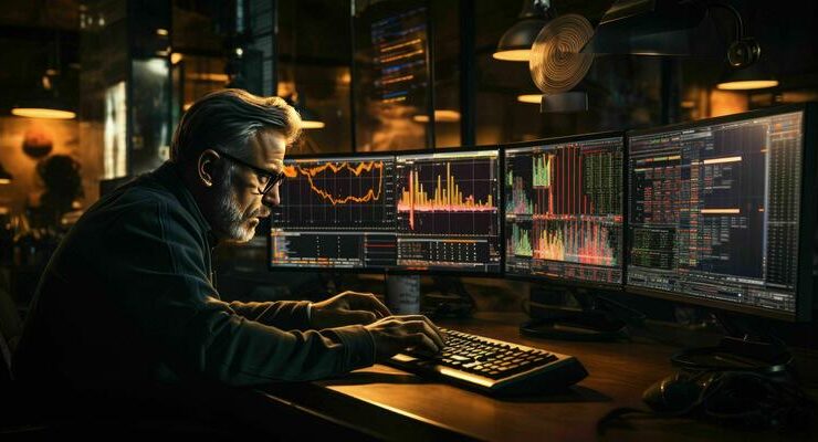 ai-generated-finance-trade-manager-analysing-stock-market-indicators-for-best-investment-strategy-financial-data-and-charts-with-business-buildings-in-background-photo